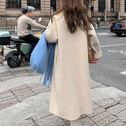 Women Coat Double-Breasted Mid-length Outerwear Lapel Stylish Warm Mid-Length Double Pockets Winter Coat Lady Accessories