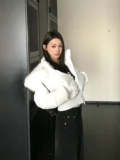 Fashion Street Simple Fur Collar White Zipper Hooded Short Jacket Women 2025 Winter Plus Velvet Thickened Warm Casual Jacket