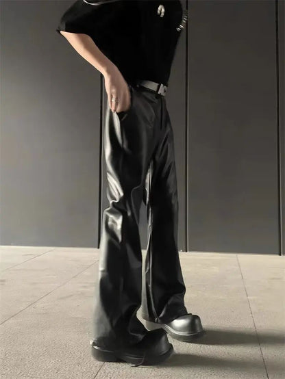 American Retro High-End PU Leather Casual Pants Men's Niche Design Loose Wide Leg Versatile Long Trousers