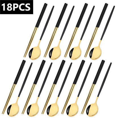 18Pcs Black Gold Dinnerware Dinner Spoons Chopsticks Cutlery Set Stainless Steel Tableware Sets Kitchen Home Silverware Set
