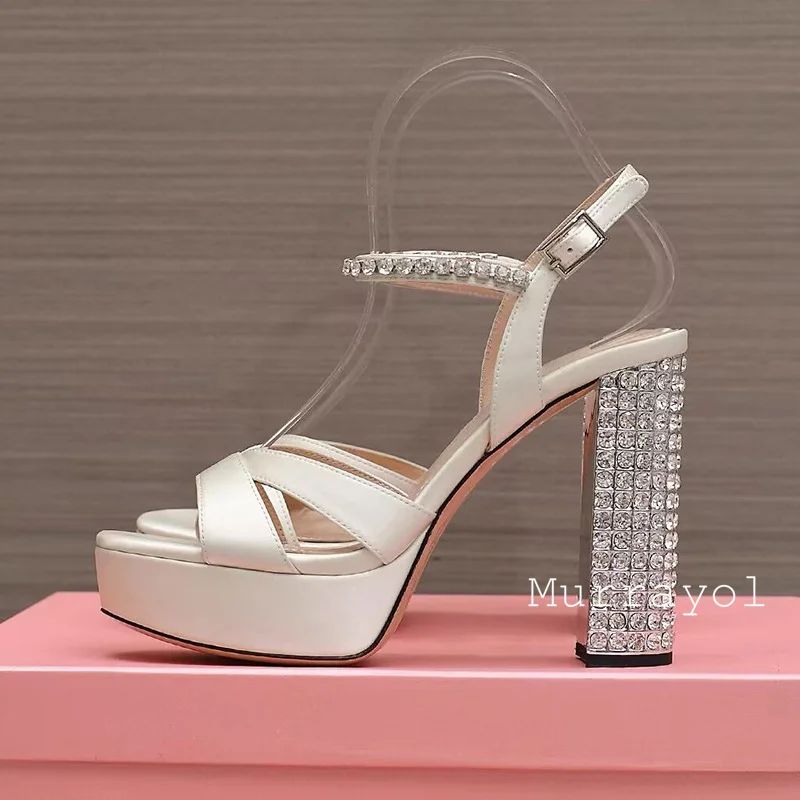 Women Open Toe Rhinestone High Heels Sandals Satin Waterproof Platform Sandalias Summer Party Dress Shoes Pumps Wedding Shoes