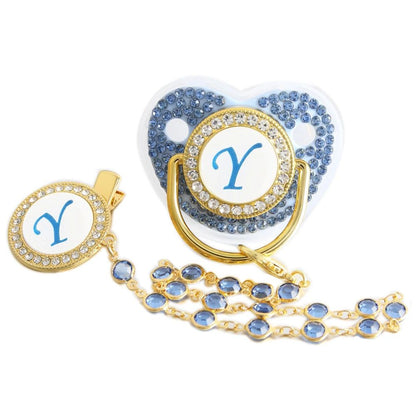 26 Letters Pacifier Blue Baby Pacifier with Bead Chain Gem Clip /Teether Toy
