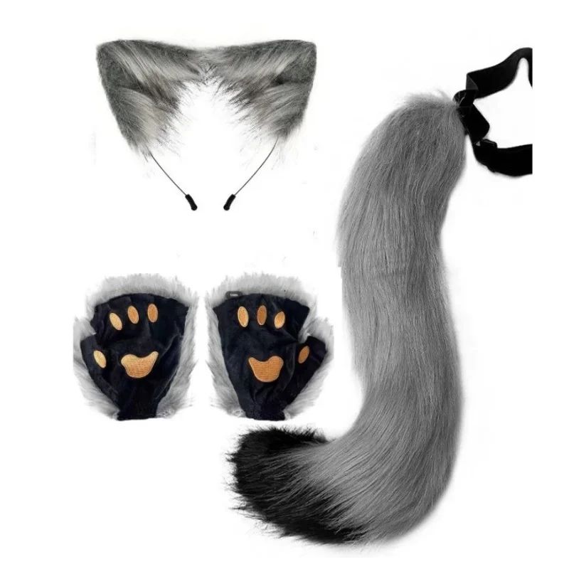 Costume Set Fox Tail Ears Gloves Artificial Fur Boot Covers Cosplay Halloween Prop Adult Women Men Unisex