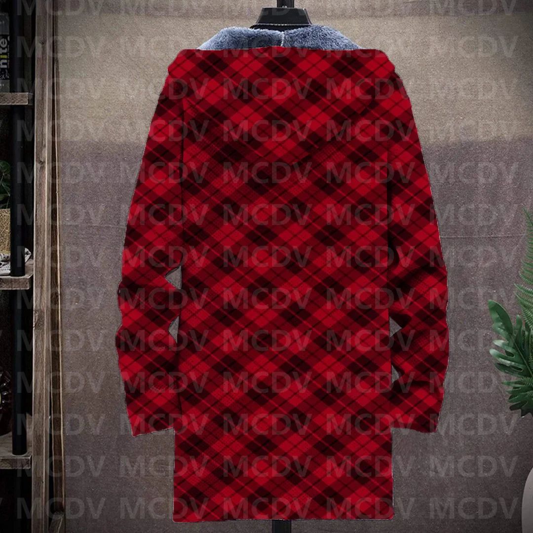 Men's Retro Print Plush Thick Long-Sleeved Coat Cardigan Christmas Grid Art 3D Prined Fleece  Overcoat Unisex Thick Warm Jacket