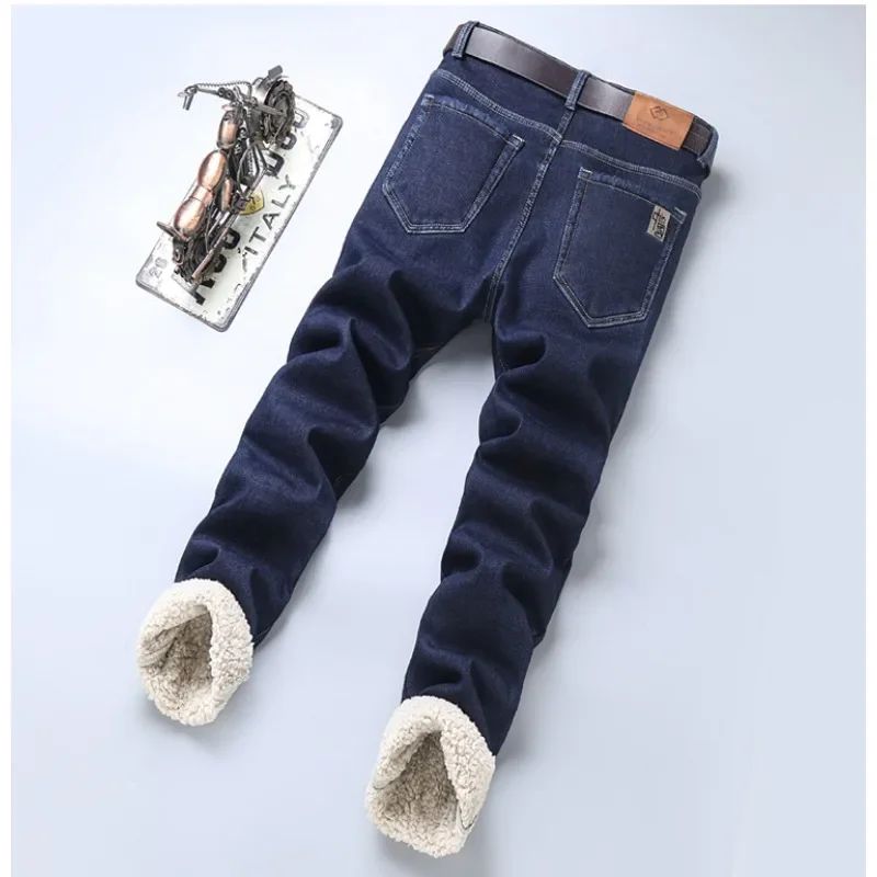Men's Wool Velvet Jeans Winter Fleece Thickened Business Casual Straight Denim Pants Soft Cozy Thermal Stretch Trousers Male