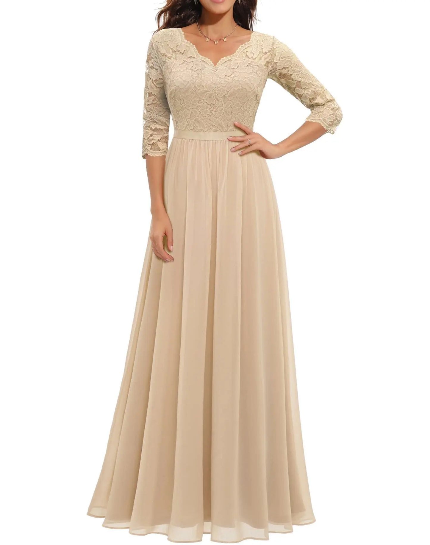 New 6-Color 5-Size Lace Splicing Long Waist-Cinching Elegant Dress Floor-Length V-Neck Polyester Fiber Evening Gown Dress