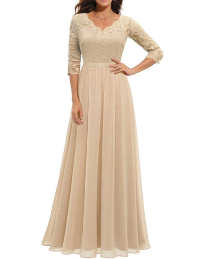 New 6-Color 5-Size Lace Splicing Long Waist-Cinching Elegant Dress Floor-Length V-Neck Polyester Fiber Evening Gown Dress