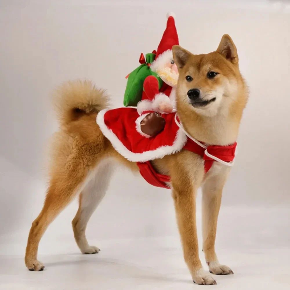 Fantasia de Natal Engraçada de Cachorro Papai Noel Montando em Cachorro de Estimação Gato Roupa de Feriado Roupas de Fantasia para o Halloween Natal