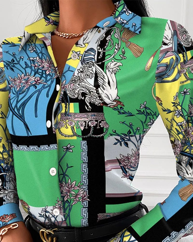 Summer New Women's Long-sleeved Shirt, Single-breasted Printed Shirts Fashion Casual Tops Camisa Female Chemise S-XXL