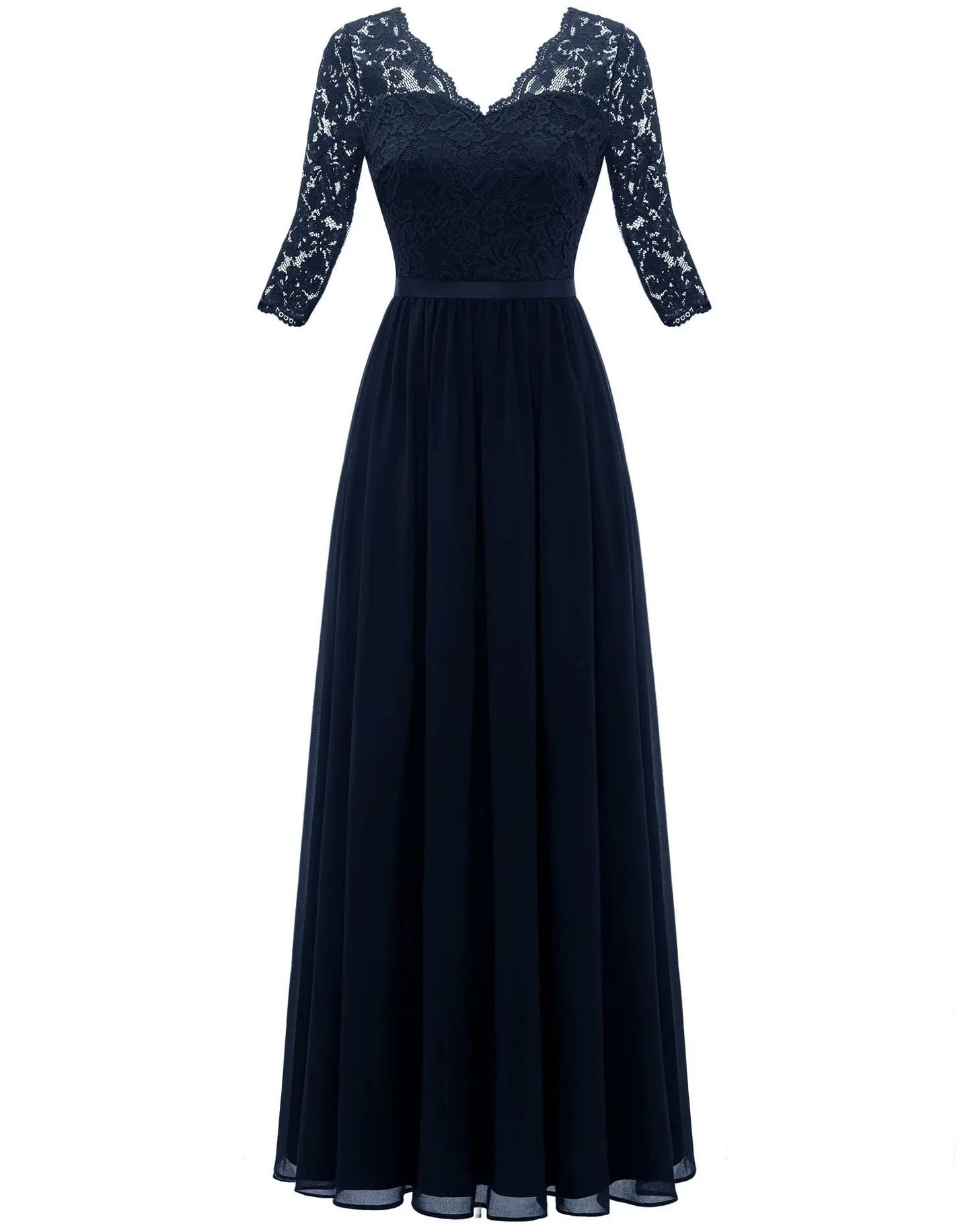 New 6-Color 5-Size Lace Splicing Long Waist-Cinching Elegant Dress Floor-Length V-Neck Polyester Fiber Evening Gown Dress