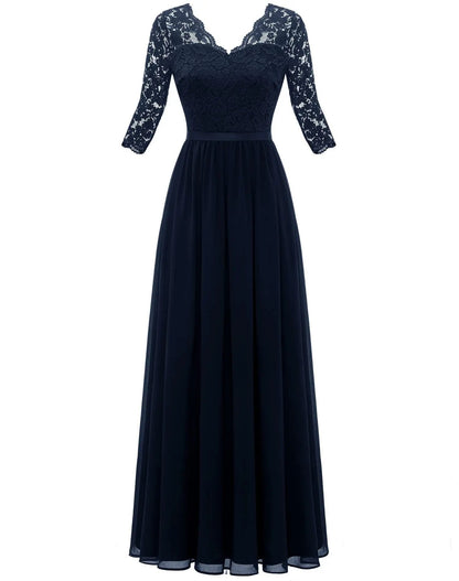 New 6-Color 5-Size Lace Splicing Long Waist-Cinching Elegant Dress Floor-Length V-Neck Polyester Fiber Evening Gown Dress