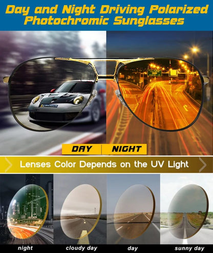 Men Night Vision Polarized Photochromic Sunglasses Aviator Style Yellow Color Change Lenses Driving Sun Glasses