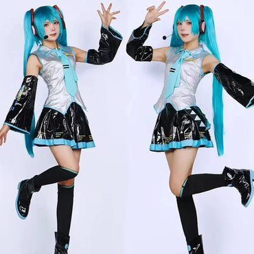 Miku Cosplay Silver Leather Fabric Suit Hatsune Miku Cosplay Headwear Costume JK Sailor Dress High School Halloween Uniform Wig