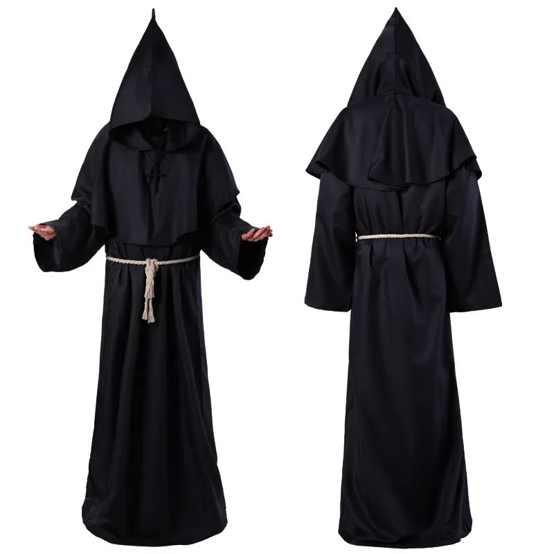 Retro Priest Robe Halloween Cosplay Costume Wizard Fancy Punk Cloak Mask Medieval Monk Robe Hooded Monk Cowl