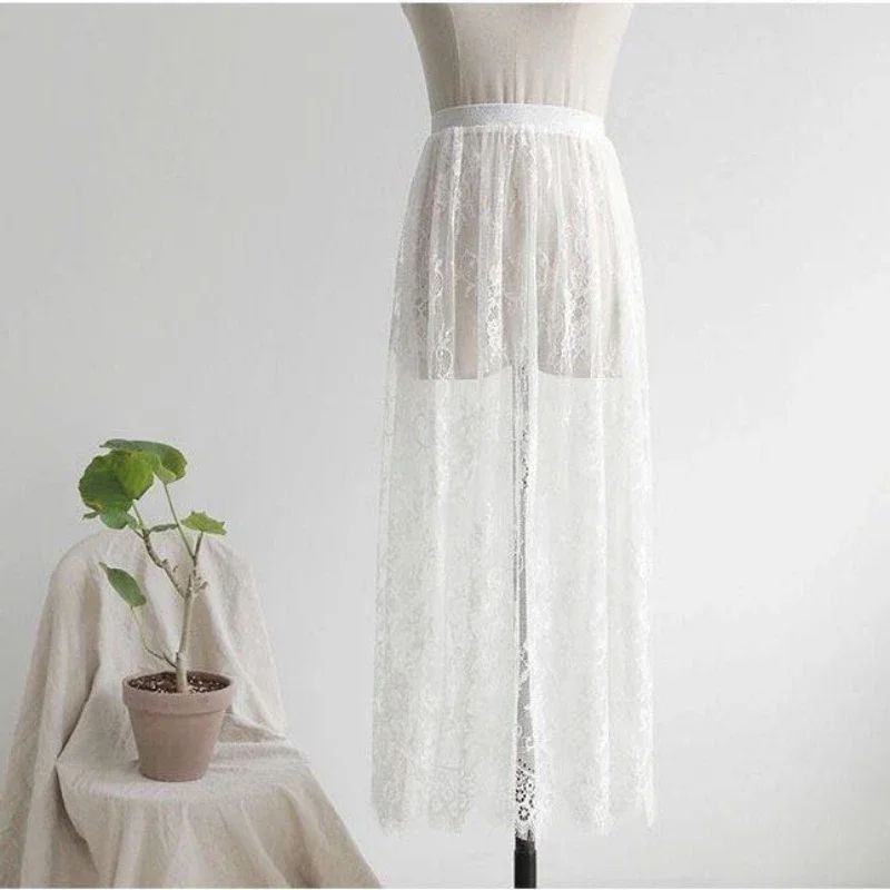 Transparent Sexy Lace Mesh Skirt Elastic High Waist Black White Tulle  Mini Skirts Womens Skirt  Korean Fashion