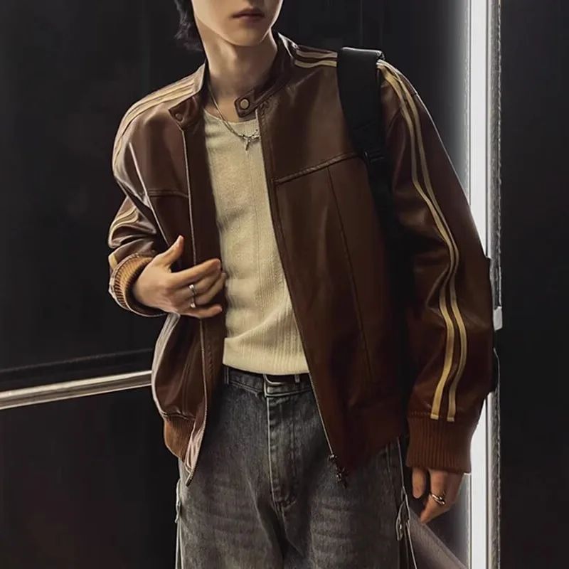 Loose Fit Men's Biker Leather Jacket Stripe Patchwork Stand Collar Casual Outerwear Façade Mixed Material Chinese Production