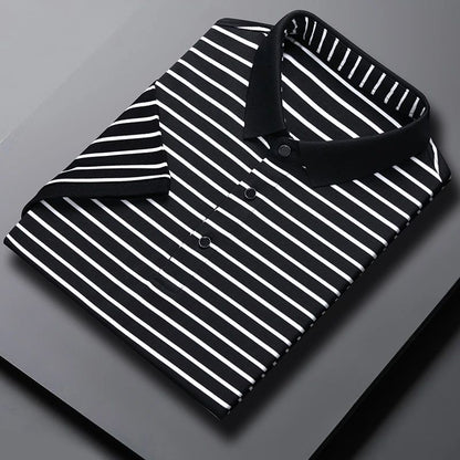 2024 Men's New Striped Cotton Business Casual Short Sleeved POLO Shirt Fashion Short Sleeved Comfortable and Breathable Top
