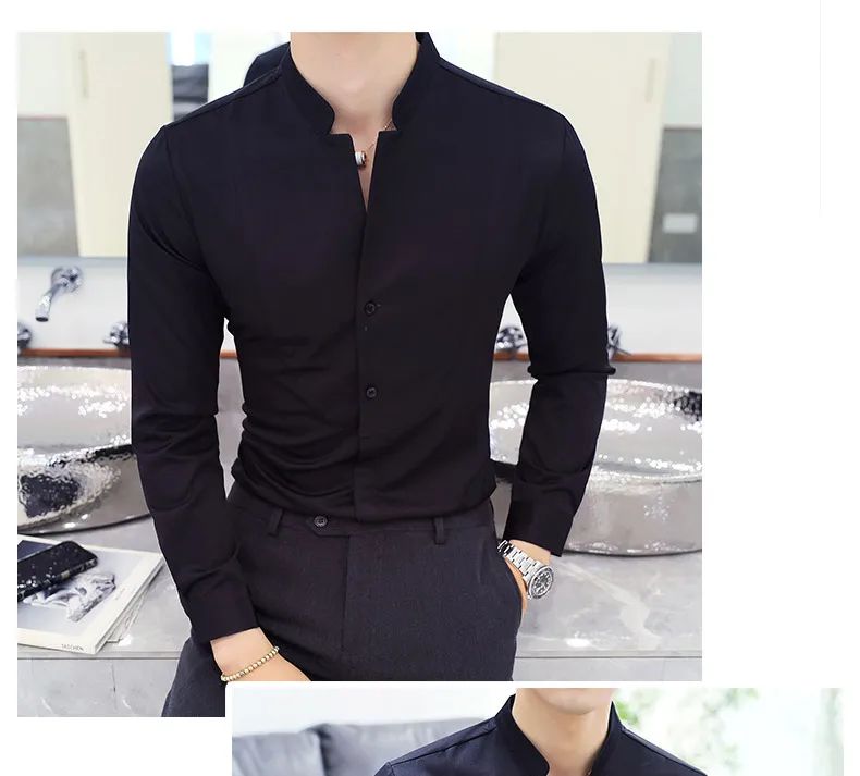 Black Men Long Sleeve Shirt, White Single Breasted Collar Stretch Shirts, Red Fashion Slim Top,Asian Size M-5XL(Korean Slim Fit)