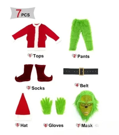 Santa Claus Costume Set Christmas Party Prom Adult Role Playing Green Monster Shaggy Halloween Cosplay Suit Gloves Mask