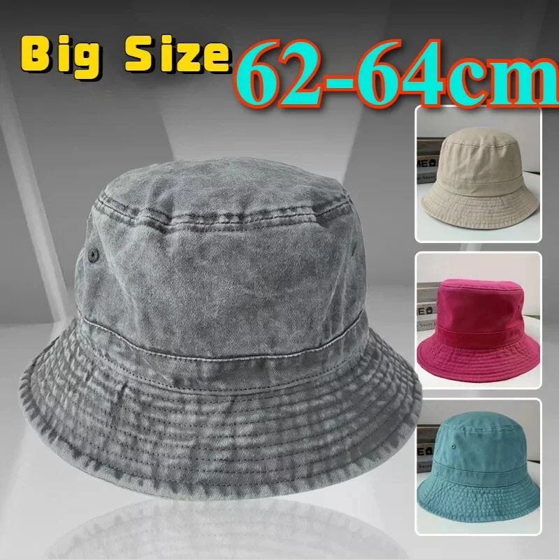 2025 Coreano Boné Pescador Jeans Lavado Cabeça Grande Masculino Chapéu de Sol Algodão Tamanho Grande 64cm Bob Panamá Unissex Tamanho Grande Boné de Pescador