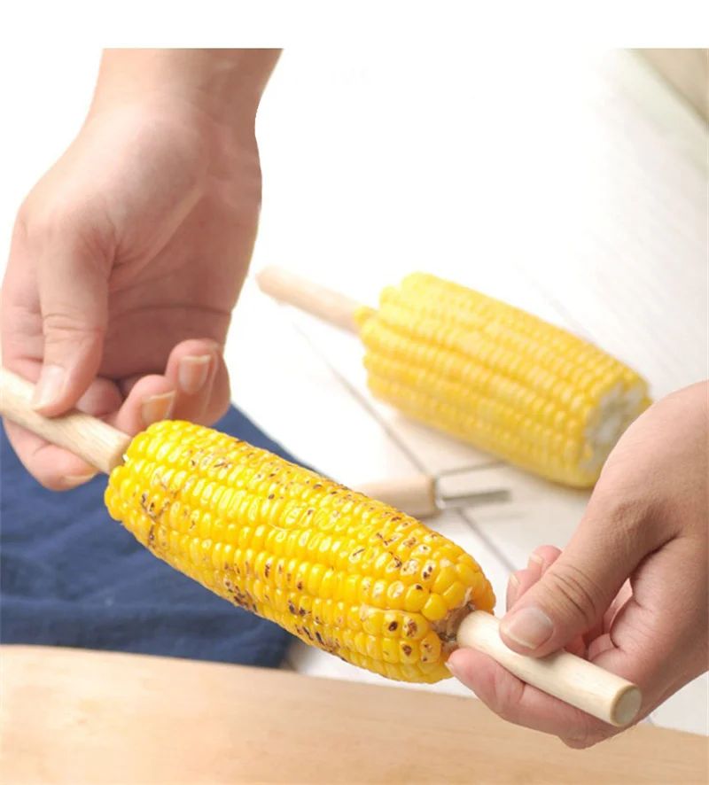 2/4/8Pcs Stainless Steel Corn Holders with Wooden Handle Corn on The Cob Skewers Fruit Anti-scald Forks Outdoor Cooking BBQ Tool