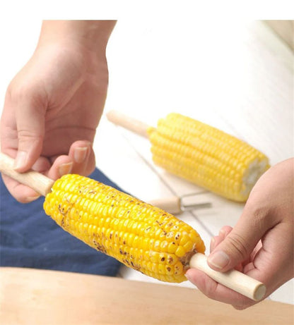 2/4/8Pcs Stainless Steel Corn Holders with Wooden Handle Corn on The Cob Skewers Fruit Anti-scald Forks Outdoor Cooking BBQ Tool
