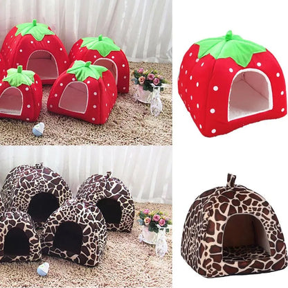 Tenda Casinha de Cachorro Gato Leopardo Morango Macia Casinha de Cachorro Canil Inverno Quente Almofada Cesta Cama de Animais de Estimação Caverna Suprimentos para Animais de Estimação