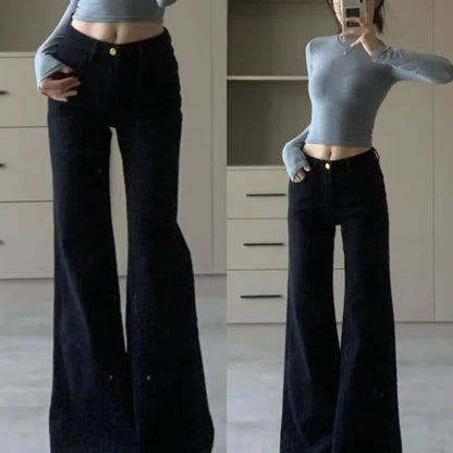 High Waist Loose Fit Bell Bottom Jeans Women's Black Slimming Denim Pants Spring 2025 Fashion Trend Wide Leg Casual Trousers