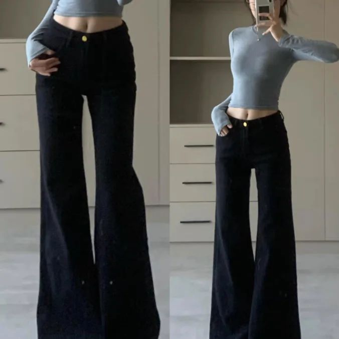 High Waist Loose Fit Bell Bottom Jeans Women's Black Slimming Denim Pants Spring 2025 Fashion Trend Wide Leg Casual Trousers