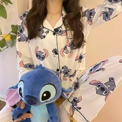 Hot Stitch Disney Faux Cotton Pajamas Spring Autumn Cartoon Female Pyjamas Kawaii Suit Long Sleeves Winter Home Sleepwear Gift