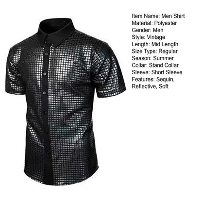Club Sequin Shirt Mens 70s Disco Costume Vinatge Shirt Turn-down Collar Reflective Shiny Sequins Short Sleeve Button Down Shirt