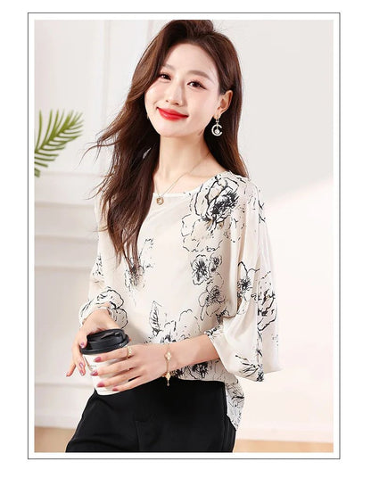 Tcyeek, 100%Real Silk Elegant Shirt, Women Long Sleeve ONeck Printed, Loose Fashion OL Blouses, 2024 Summer Autumn T47116QM