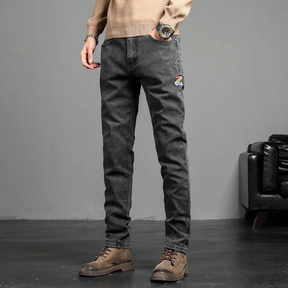 Novas Calças Jeans Masculinas Vintage Coreanas da Moda Slim com Pés Pequenos Bordados Calças Elásticas Masculinas de Sarja Streetwear