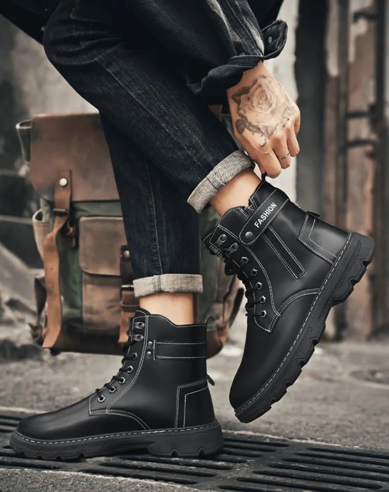 High Top Men's Shoes for Spring and Autumn, New Anti Slip and Waterproof Desert Boots Outdoor Zipper Hiking Shoes Work Boots