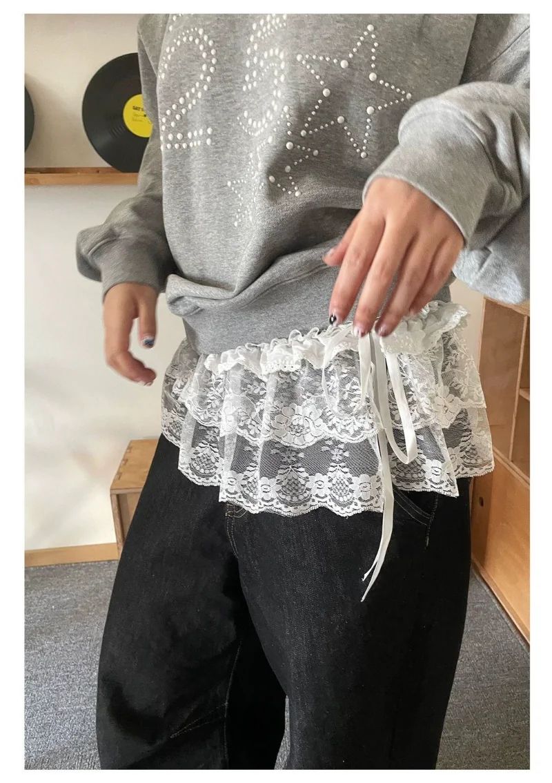 Korean Ins Blogger Unique Lace Layered Gauze Skirts Lace Trim A-Line Short Cloth Mini Waist Skirts Harajuku Girl's White Skirts