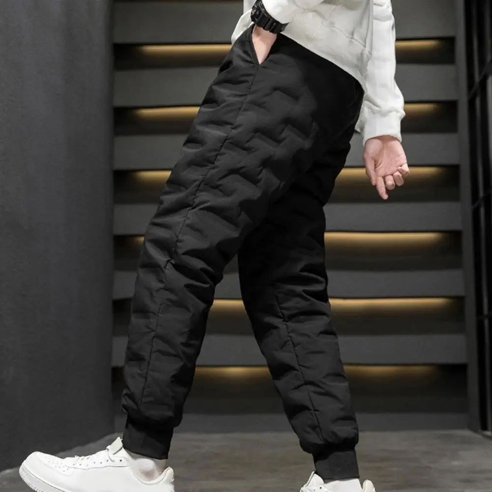 Men Autumn Winter White Duck Down Padded Thermal Sweatpants Elastic Waist Drawstring Pockets Thickened Joggers Pants Streetwear
