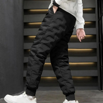 Men Autumn Winter White Duck Down Padded Thermal Sweatpants Elastic Waist Drawstring Pockets Thickened Joggers Pants Streetwear