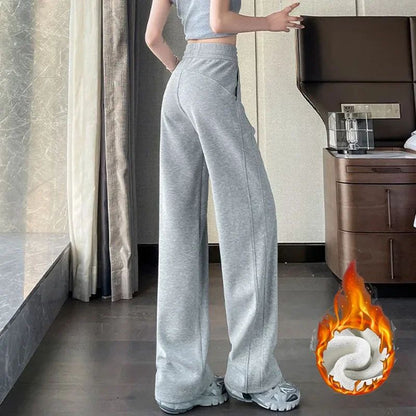 Winter Female Chic High Waist Straight Leg Thermal Pants Women Plush Casual Baggy Trousers Girls Snow Warm Fleece Pants