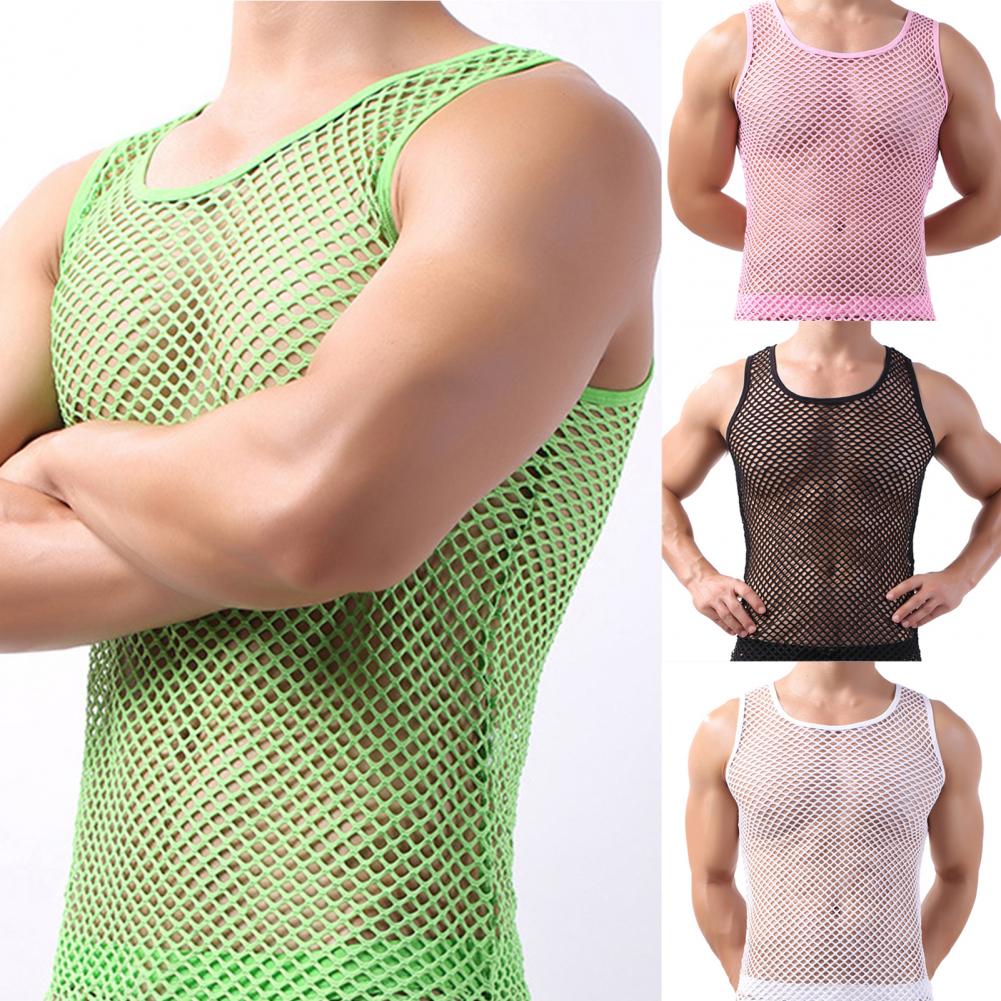 Fishnet Men Sexy Mesh Tank Tops Transparent Sleep Tops Male Underwear Pure Color Vest Sleeveless Tops Underwear Male Undershirt