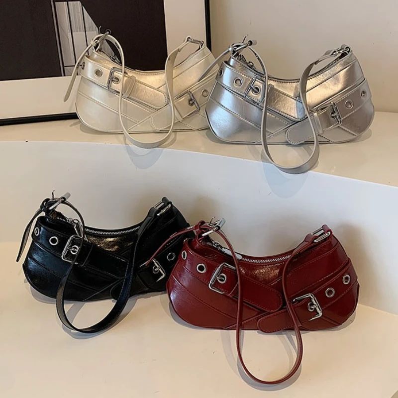 Red Vintage Shoulder Bag Y2K Belt Design PU Leather Underarm Bags for Women Trend Hot Cool Girl Crossbody Bag Punk Style Handbag