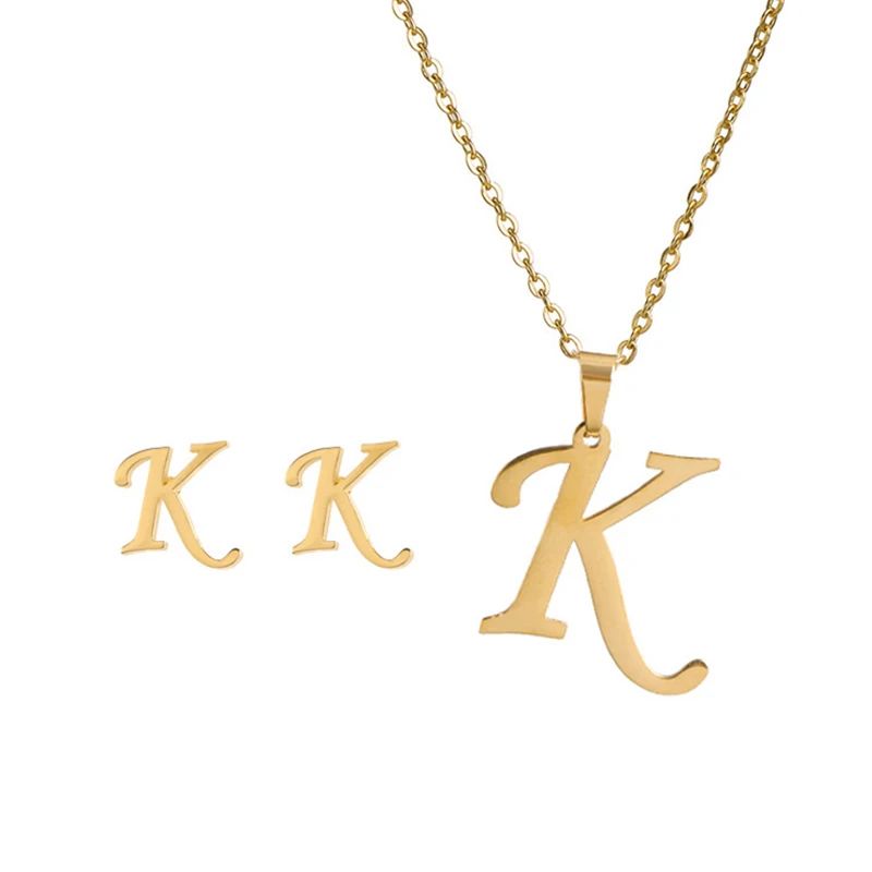 Conjunto Feminino de Colar e Brincos de Aço Inoxidável com Letra Inicial do Alfabeto A-Z - Joias Personalizadas de 26 Letras Inglesas - Presente