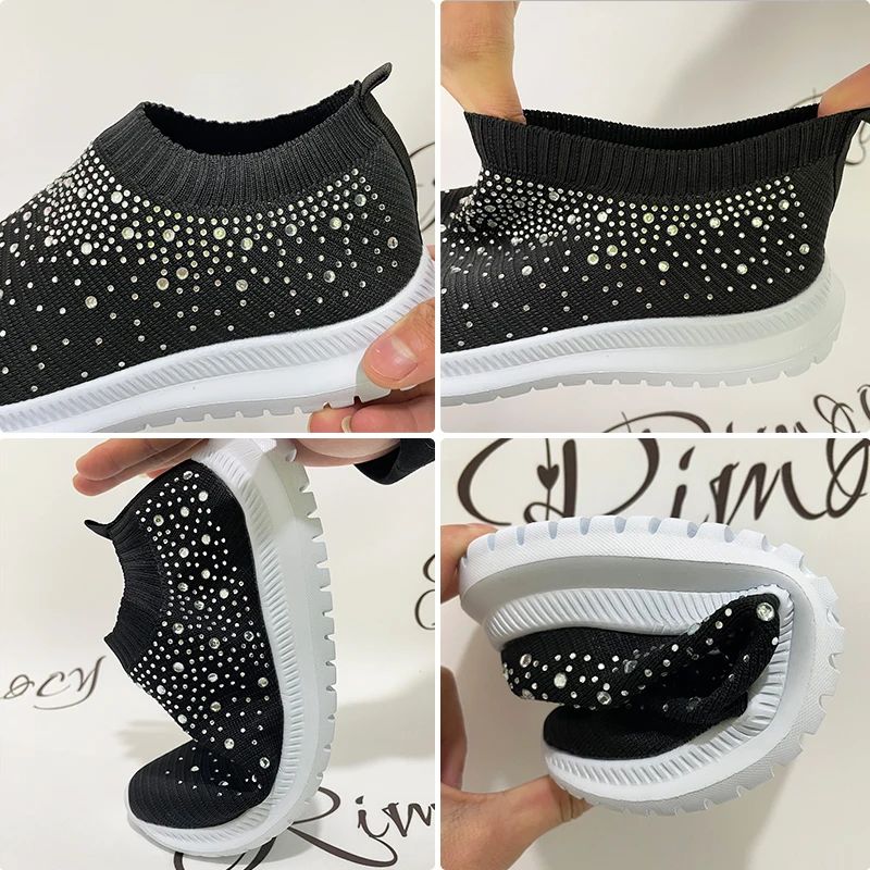 2024 New Crystal Breathable Mesh Sneaker Shoes for Women Comfortable Soft Bottom Flats Plus Size 43 Non Slip Casual Shoes Woman