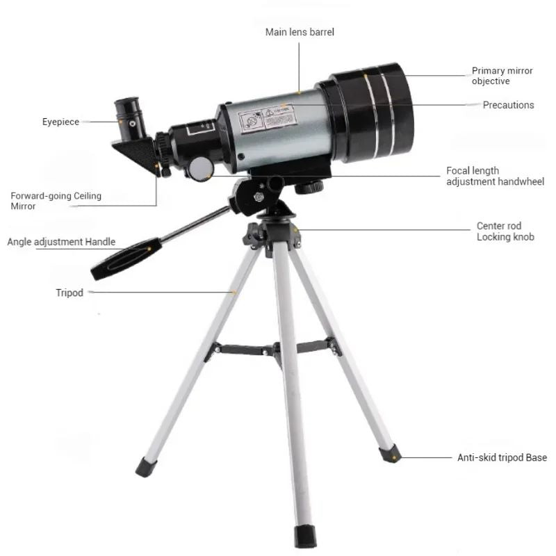 Telescópio Astronômico 150X, Telescópio Refrator Portátil de Viagem com Abertura de 70mm com Adaptador de Celular para Observação de Estrelas e da Lua