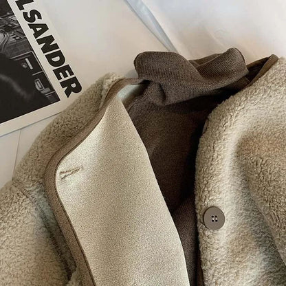 Korean Style Short Lamb Fur Jacket Women's Crew Neck Lazy Style Outerwear Autumn Winter New Arrival Soft Cozy round Neck Top