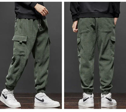 Winter New Thickened Warm Men's Corduroy Cargo Pants Fleece Loose Streetwear Joggers Harem Pants Sweatpants Male Trousers Black