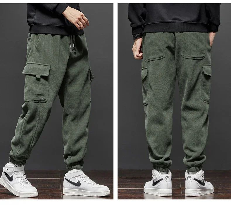 Winter New Thickened Warm Men's Corduroy Cargo Pants Fleece Loose Streetwear Joggers Harem Pants Sweatpants Male Trousers Black