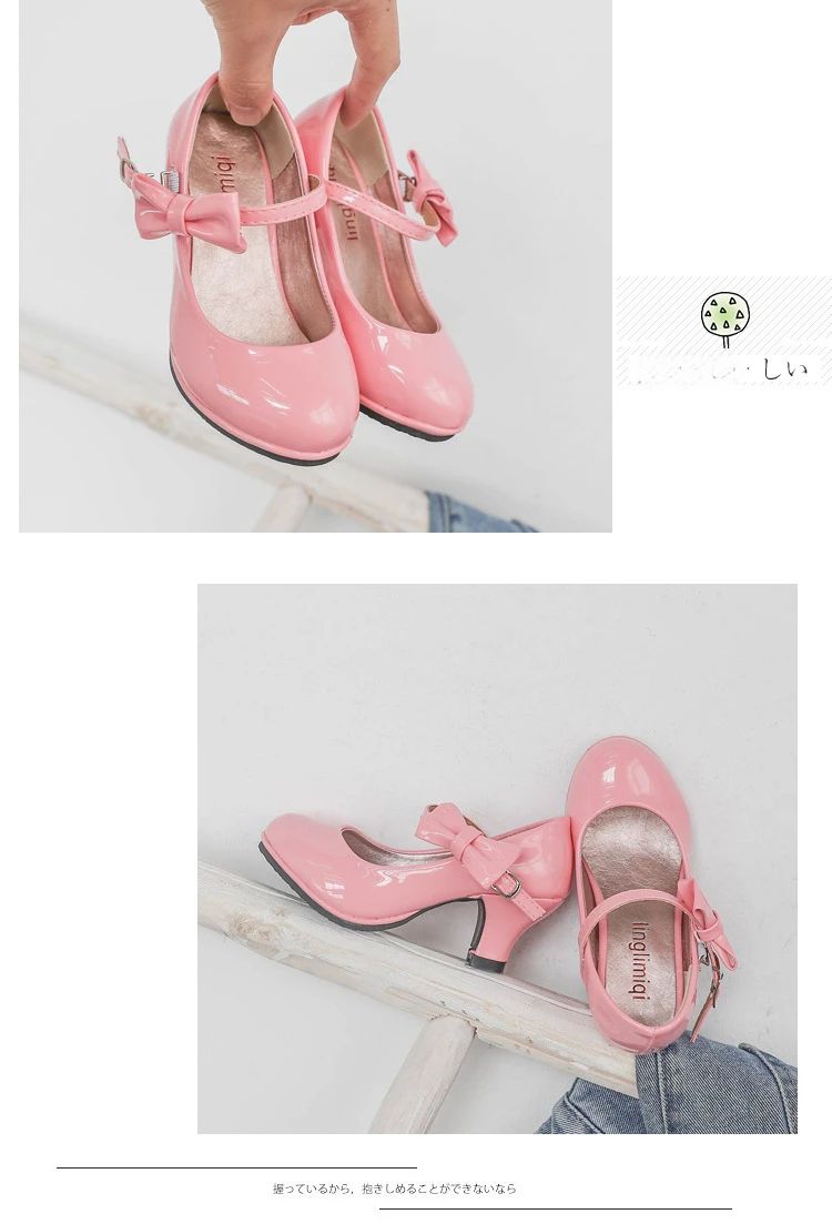 Fashion Girls High Heels Glossy Bowtie Kids Leather Shoe Spring Autumn Children Causal Princess Dress Shoes for Evening Party