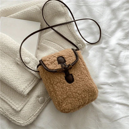 1 Pcs Women's Retro Lamb Fleece Bag Color Blocking Minimalist Mobile Phone Bag Single Shoulder Crossbody Small Bag