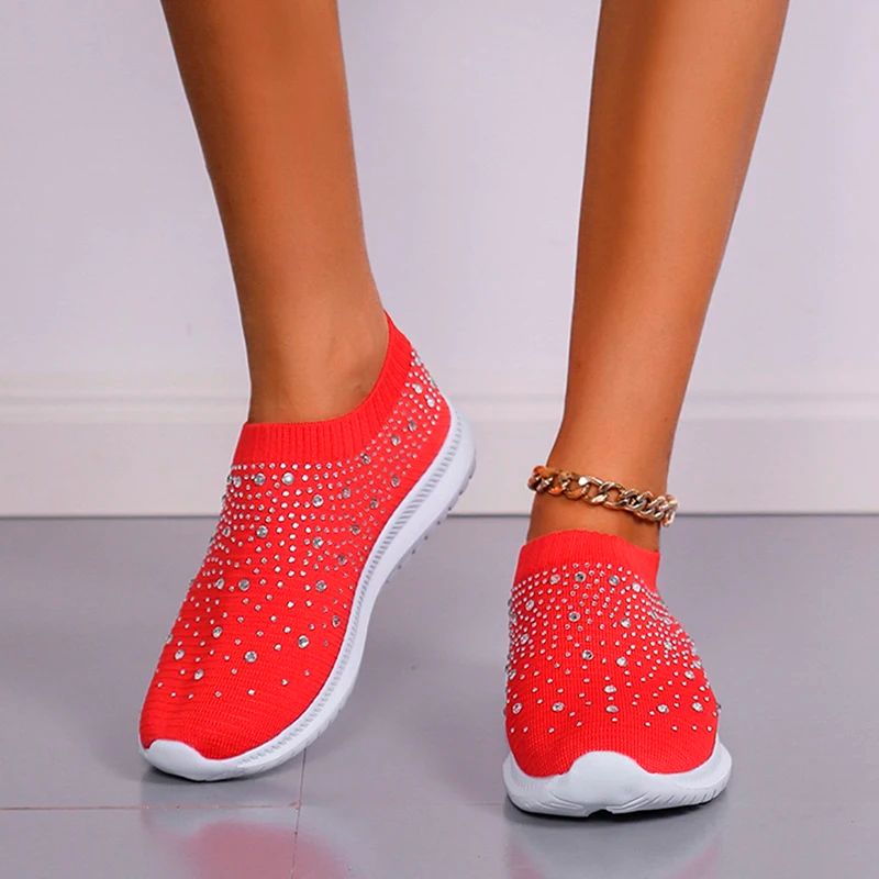 2024 New Crystal Breathable Mesh Sneaker Shoes for Women Comfortable Soft Bottom Flats Plus Size 43 Non Slip Casual Shoes Woman