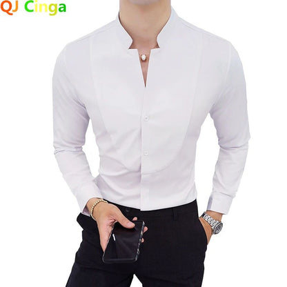 Black Men Long Sleeve Shirt, White Single Breasted Collar Stretch Shirts, Red Fashion Slim Top,Asian Size M-5XL(Korean Slim Fit)